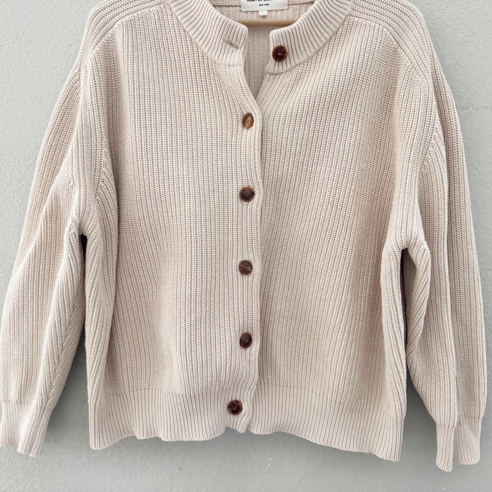 Demy by Demylee Audrey Cardigan Sweater Large Cream Fisherman Chunky Minimalist - Picture 7 of 11